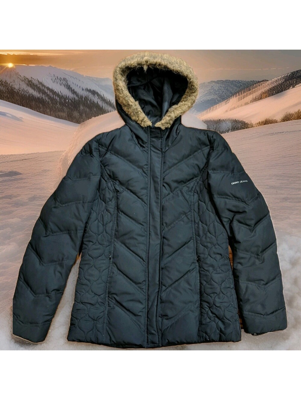 DKNY Jean Womens Winter Puffer Jacket Down Fill Hooded Black MEDIUM Fur Trim Ski